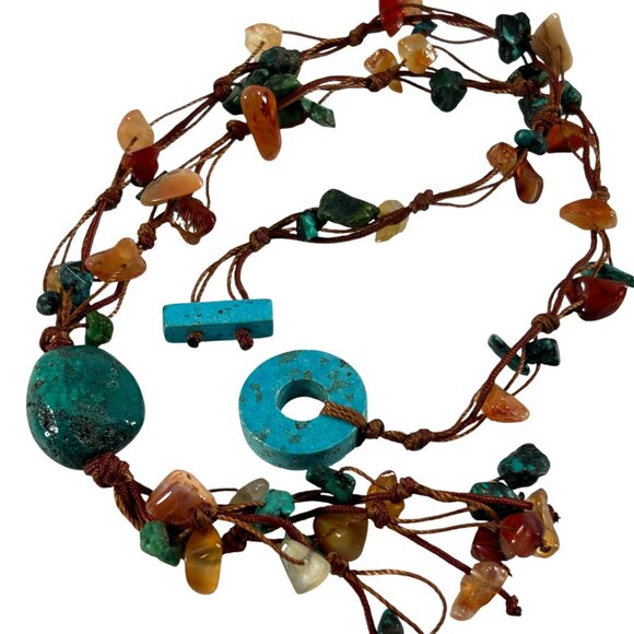 Boho Multistrand Stone Chip Necklace Brown Cord Turquoise Donut Toggle Y Tassel - Picture 6 of 11